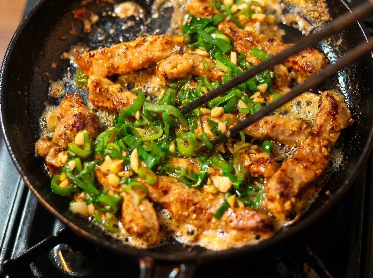 Palillos removiendo las tiras de ternera cocinadas y la salsa de cebollino verde juntas en una sartén chisporroteante.