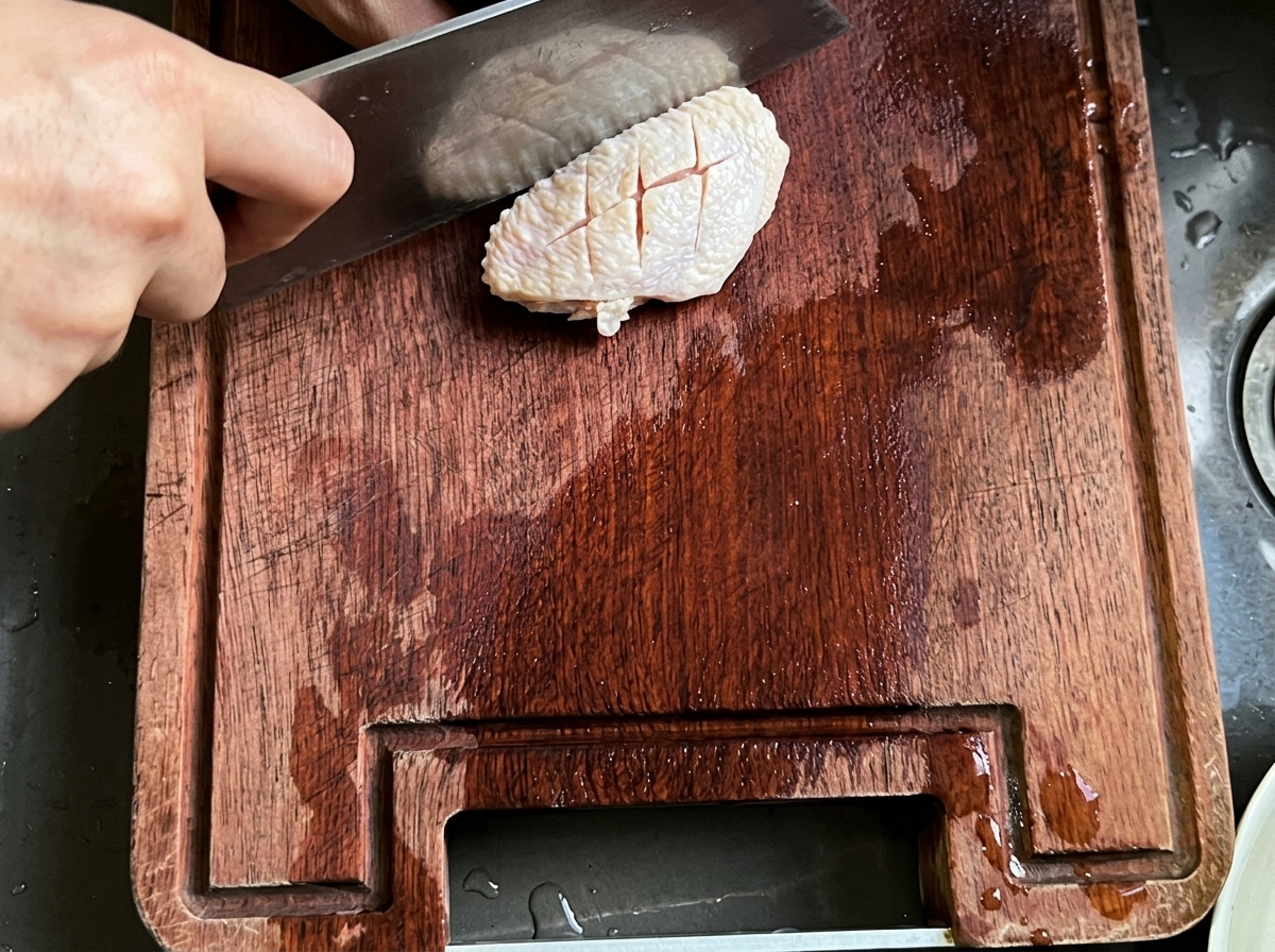 Una alita de pollo cruda siendo marcada con una cuchilla de carnicero sobre una tabla de cortar de madera.