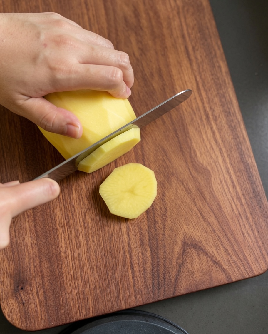 Rodajas finas de patata cruda siendo cortadas sobre una tabla de madera.