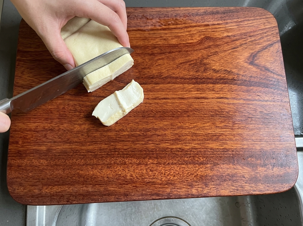 Un bloque de tofu firme blanco siendo cortado en tiras sobre una tabla de madera.