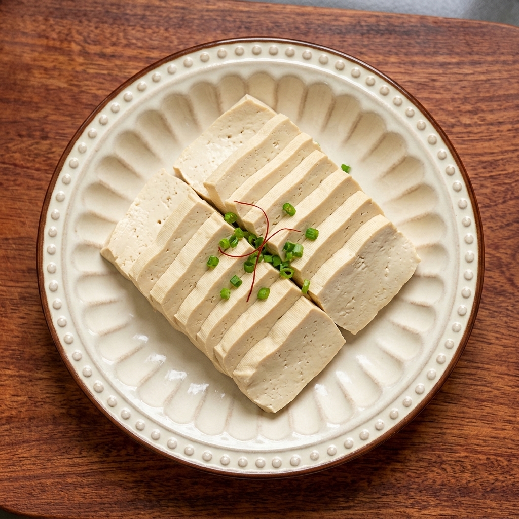 Tiras de tofu firme dispuestas ordenadamente en un plato de cerámica blanca decorativo, listas para asar.