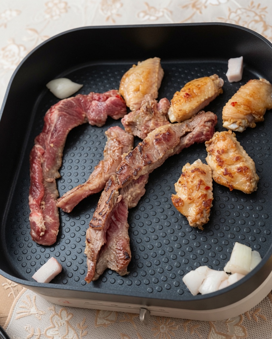 Tiras de bistec marinado y alitas de pollo cocinándose en una parrilla eléctrica cuadrada antiadherente.