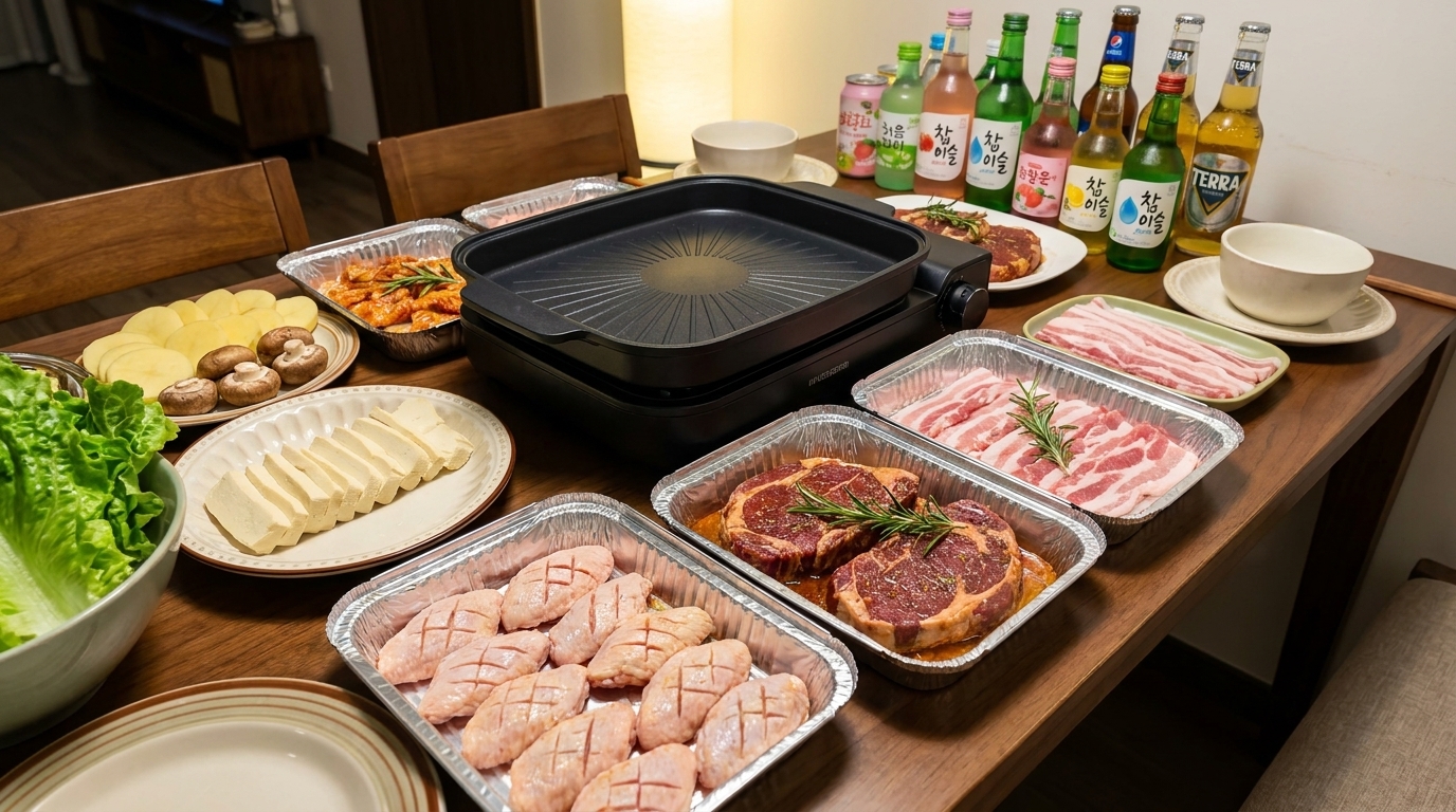Un vibrante despliegue de carnes marinadas, vegetales frescos y tofu listos para una barbacoa coreana de sobremesa.