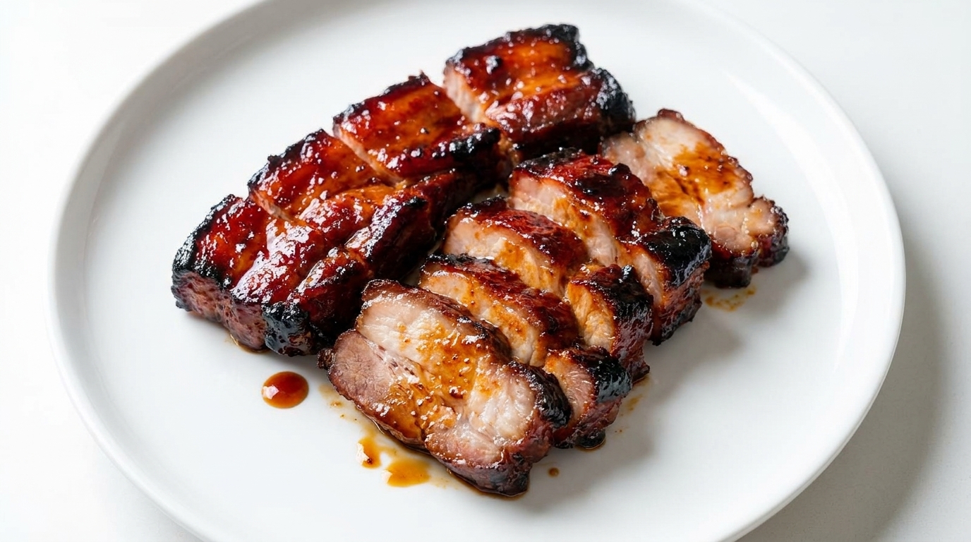Rebanadas de tierno cerdo Char Siu glaseado con miel y un acabado caramelizado.