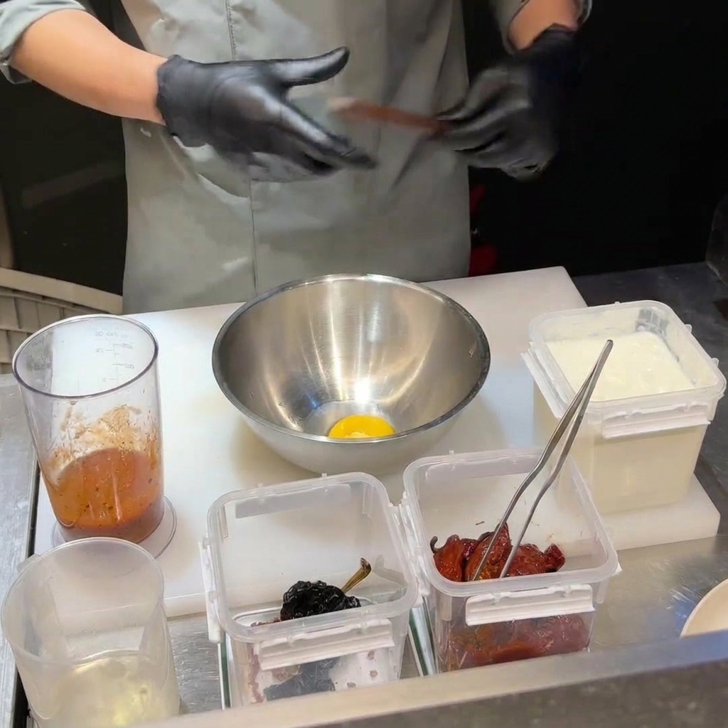 Emulsionando la yema de huevo, el parmesano y la base de chile con aceite en un bol de acero inoxidable.
