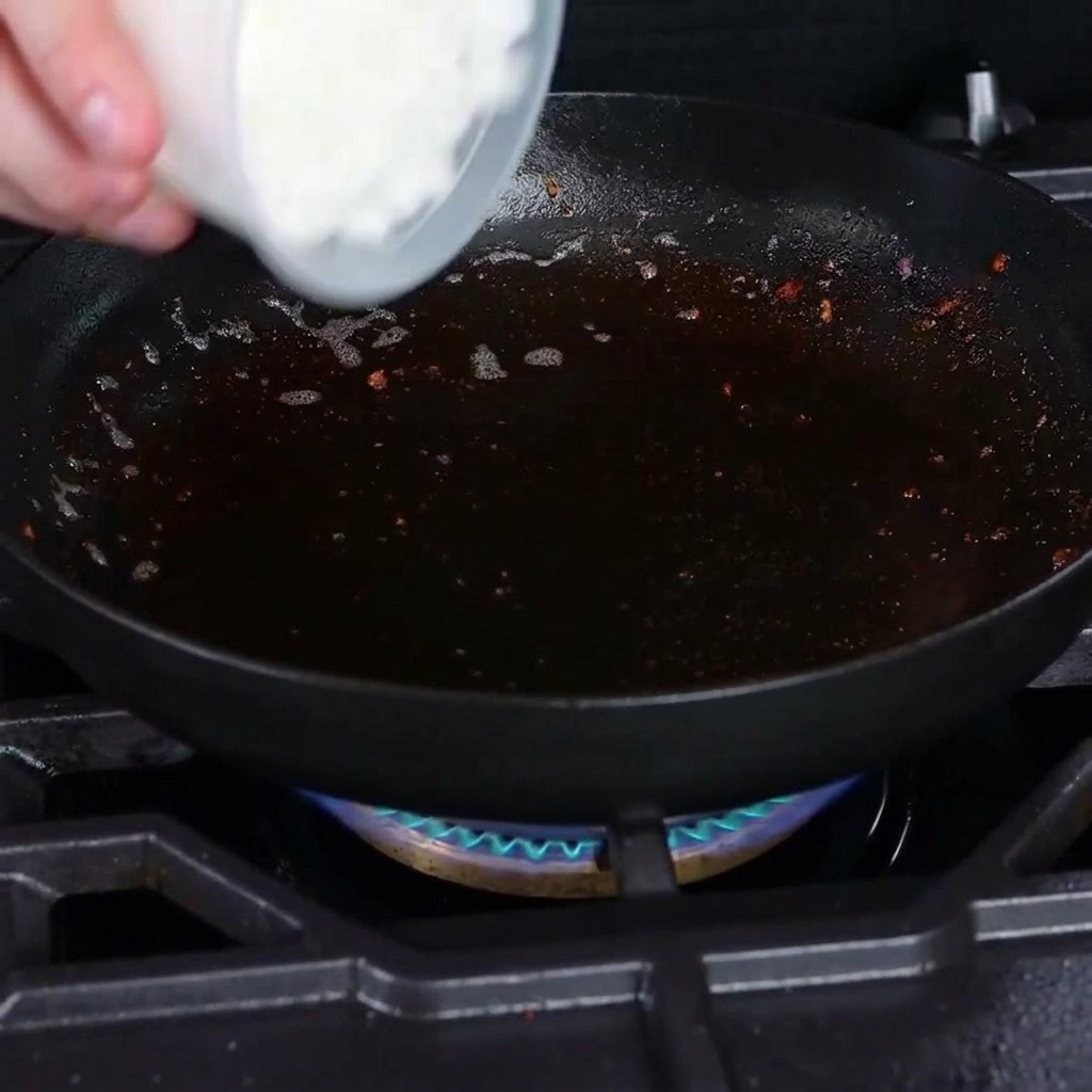 Cebolla blanca picada sofriéndose en una sartén de hierro fundido.