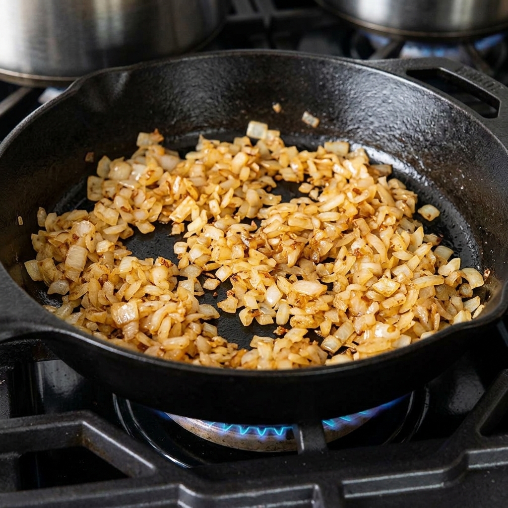 Frambuesas y otros ingredientes aromáticos a fuego lento en la sartén con la cebolla.