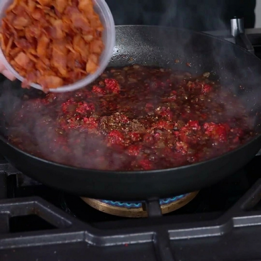 Trozos de tocino mezclándose con la reducción de cebolla y frambuesa a fuego lento.