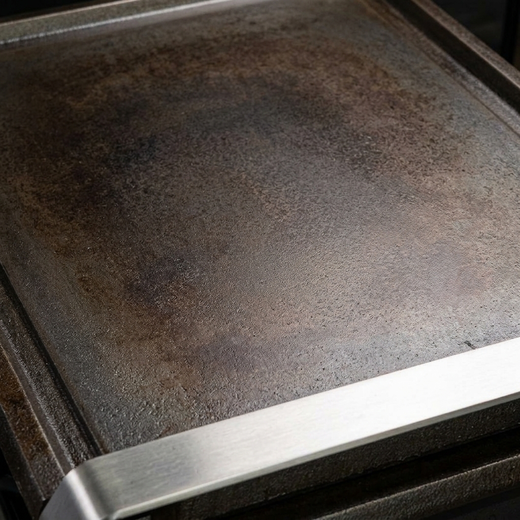 Porciones de carne molida chisporroteando en una plancha de hierro fundido muy caliente.