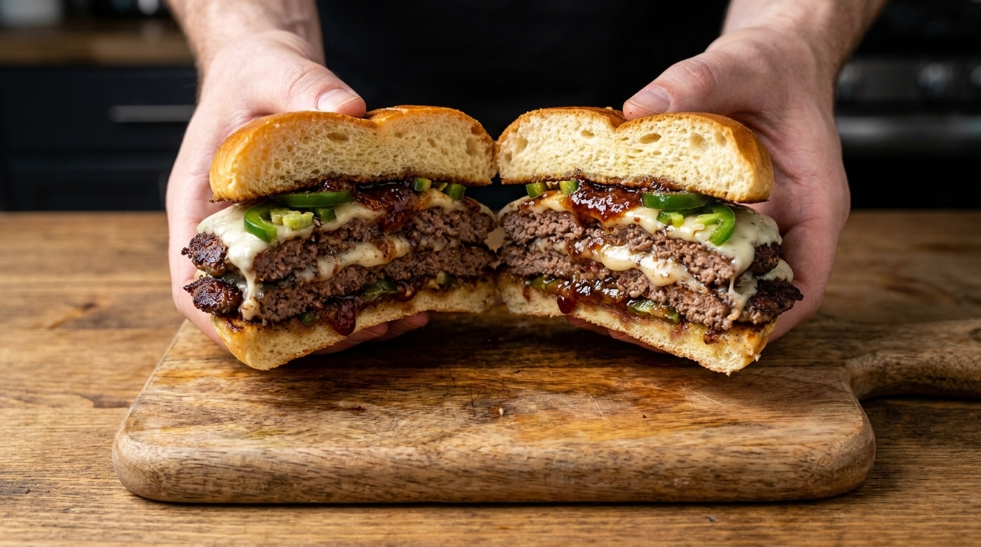 Smash Burger Estilo Jalapeño Popper con Mermelada de Tocino