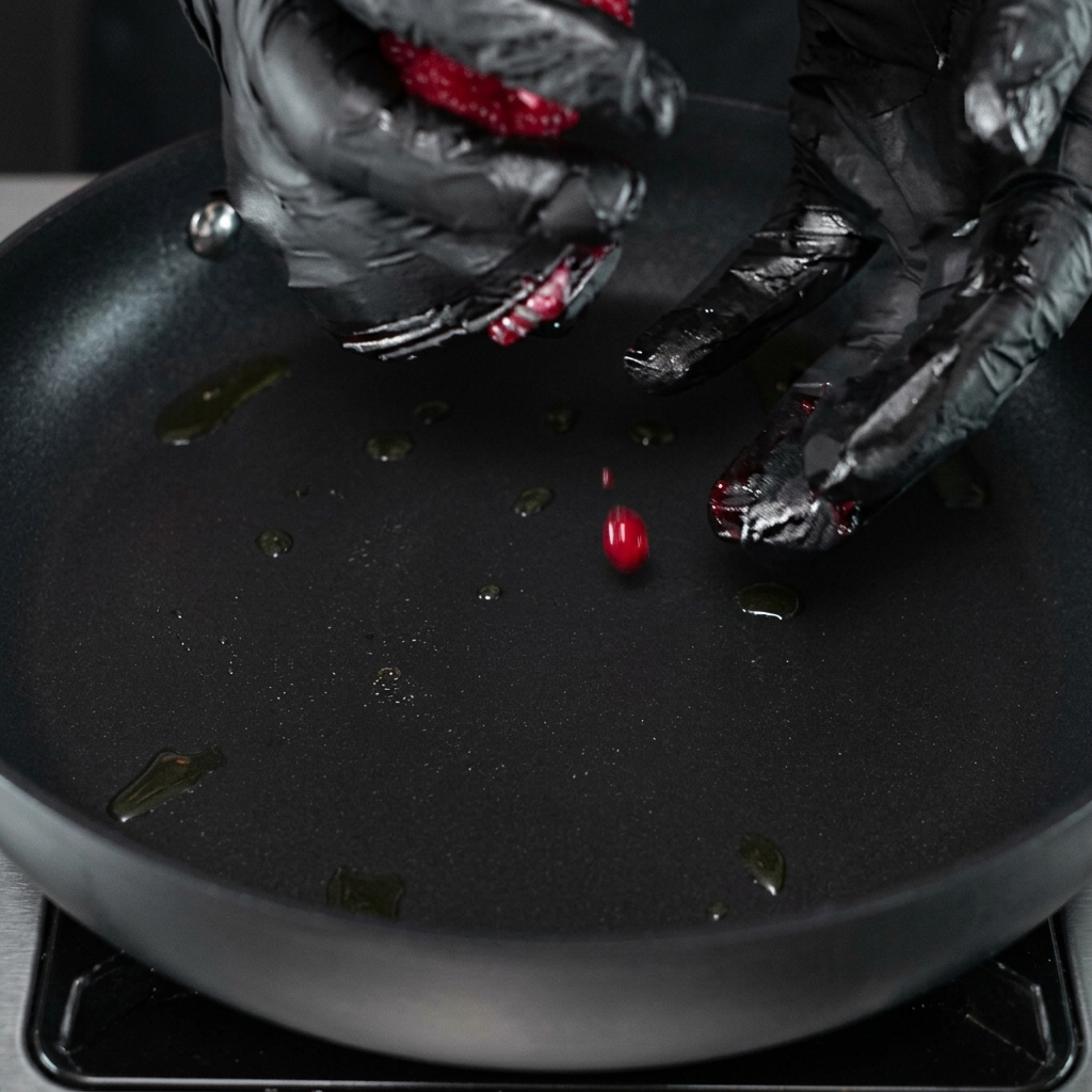 Una bola de carne molida cruda siendo colocada en una sartén caliente sazonada.
