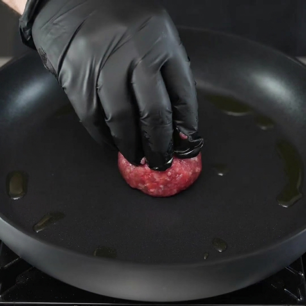 Una prensa de metal aplastando una bola de carne en una hamburguesa fina en una sartén caliente.