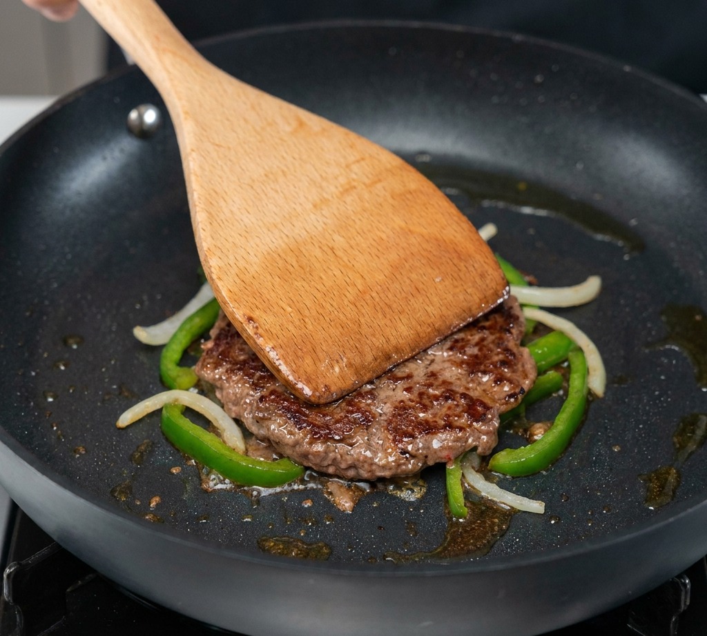 Una rebanada de queso cheddar sobre una hamburguesa cubierta con jalapeños y cebollas.