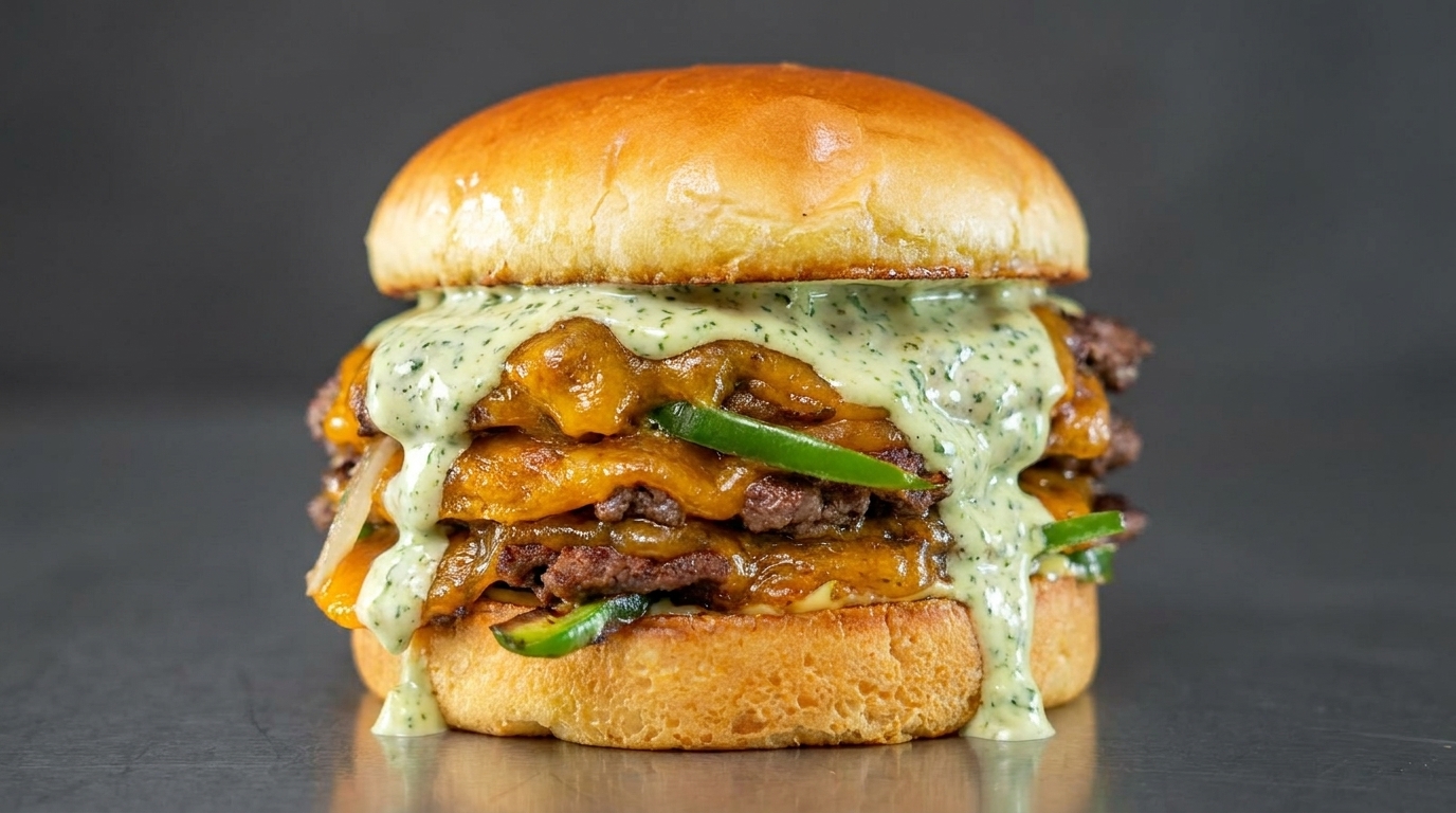 Hamburguesa Smash con Jalapeño y Salsa Verde de Hierbas