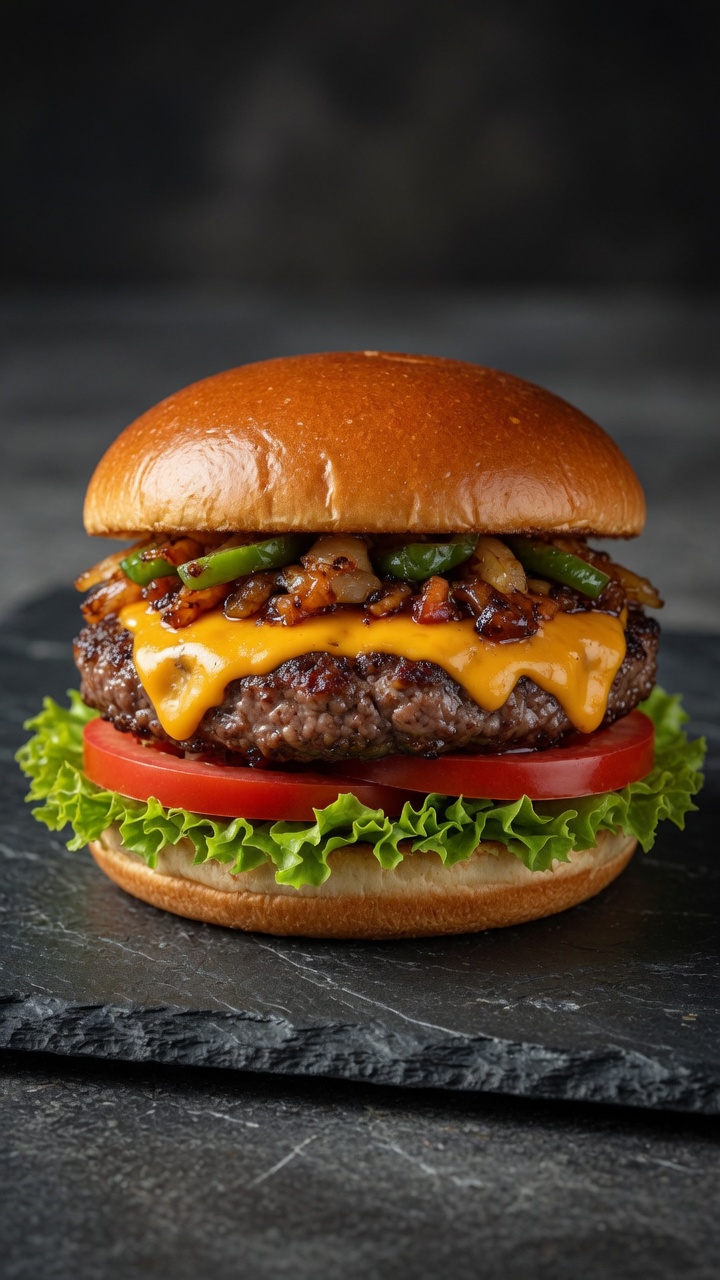 Una hamburguesa gourmet de chile y queso estilo mexicano con carne jugosa, queso cheddar derretido y pimientos asados sobre un pan tostado.