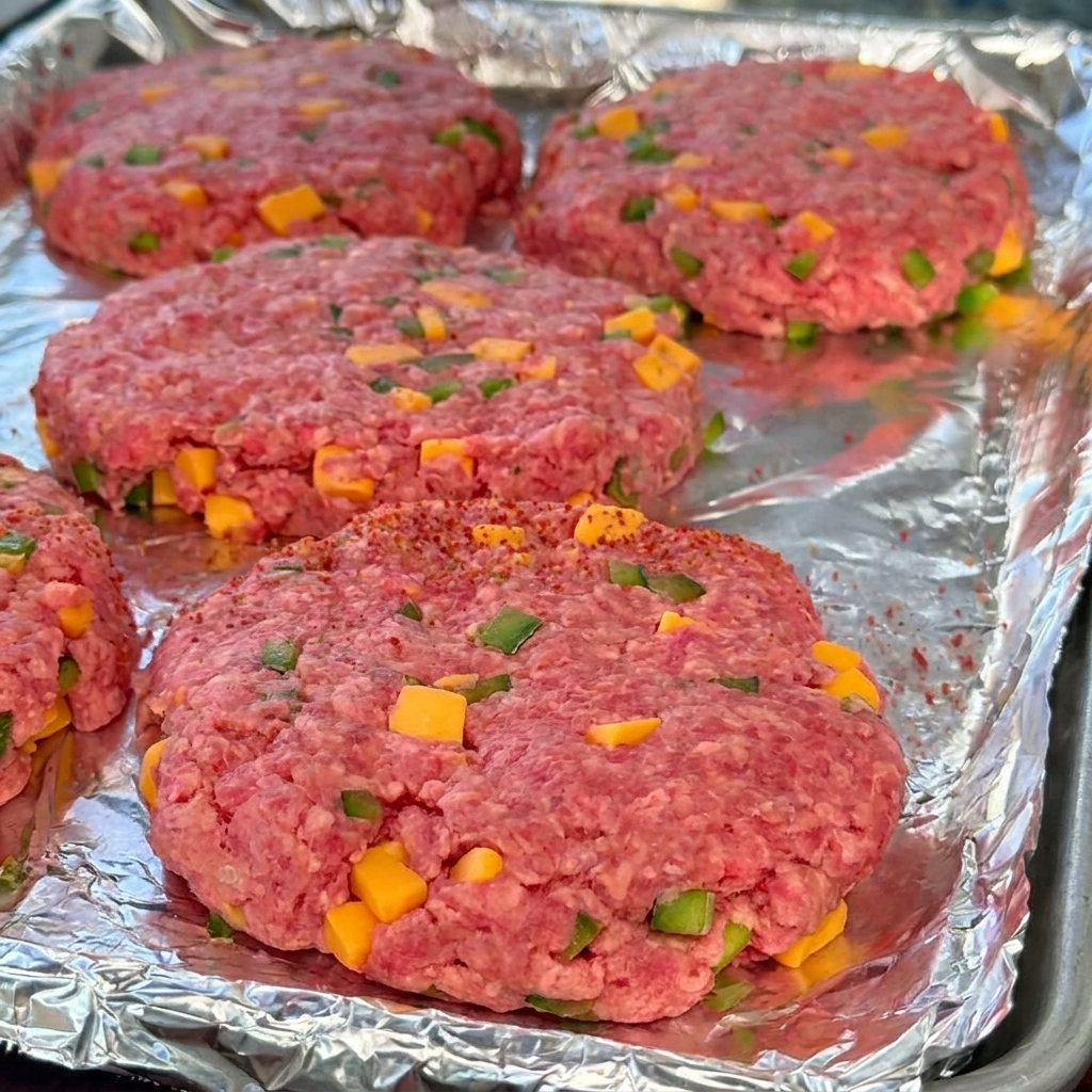 Cuatro hamburguesas crudas con queso y pimientos, ligeramente cubiertas con un sazonador rojo para barbacoa.