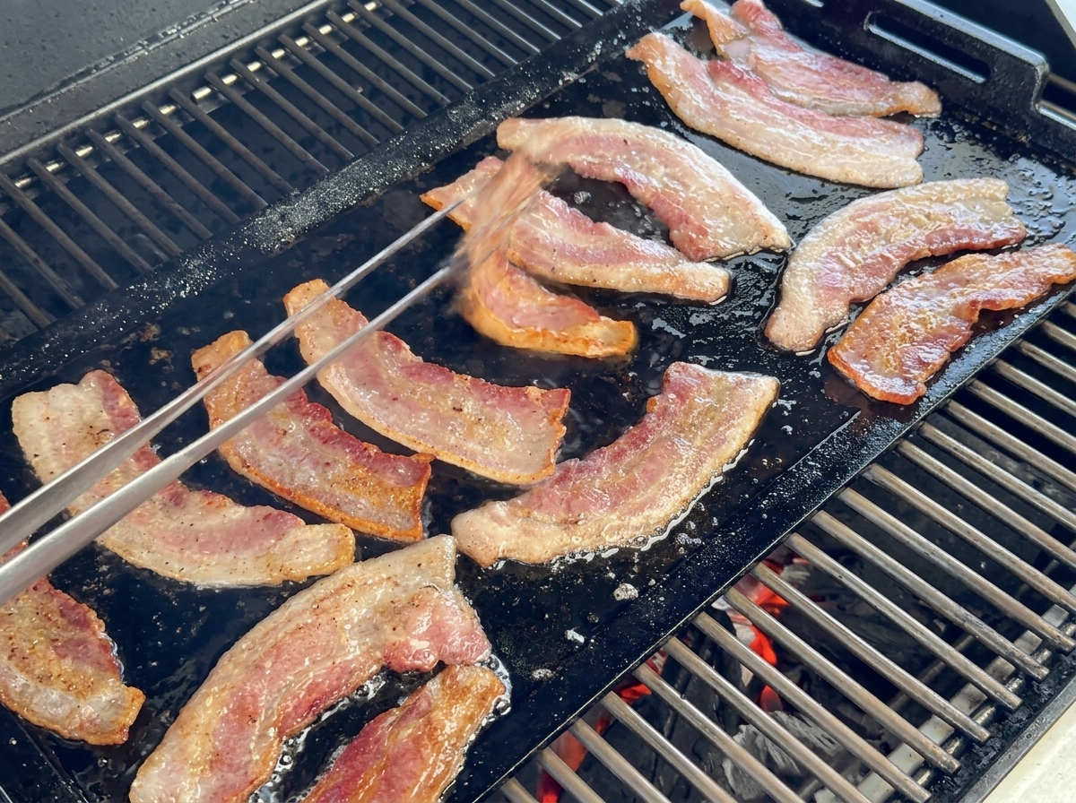 Tiras de tocino grueso friéndose en una plancha de hierro fundido.