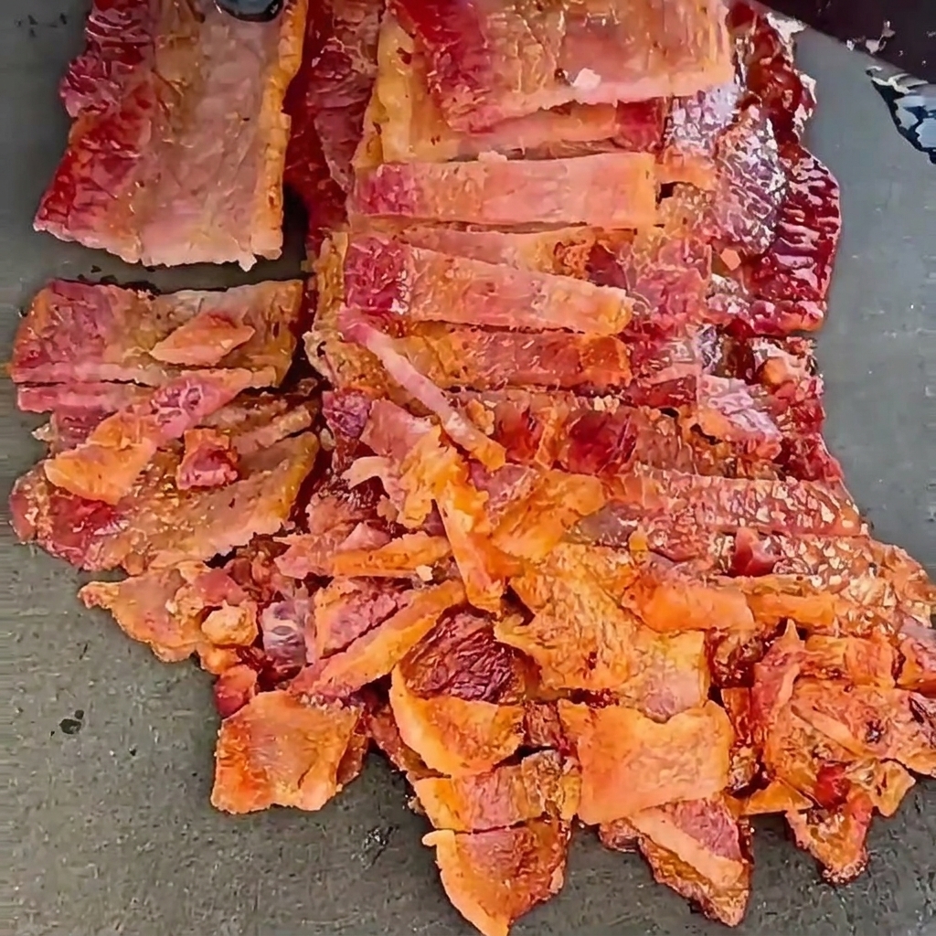 Tiras de tocino cocido picadas en trozos pequeños sobre una tabla.