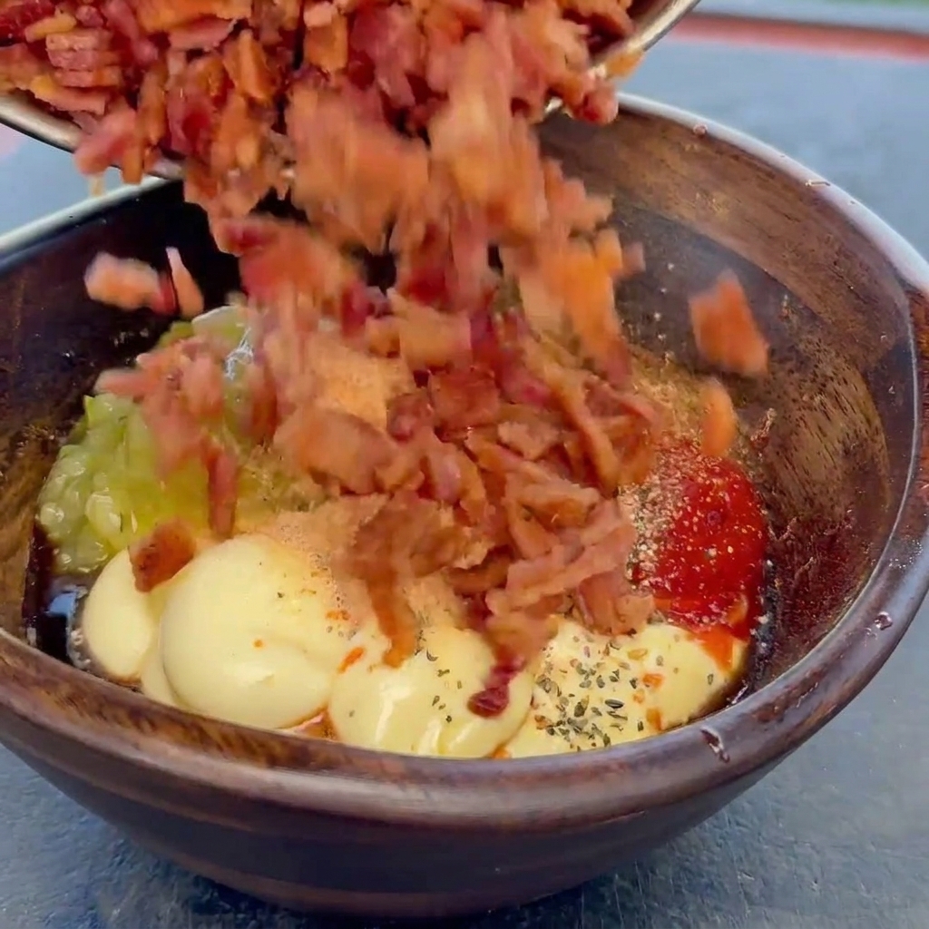 Trocitos de tocino cayendo en un bol con la salsa cremosa.