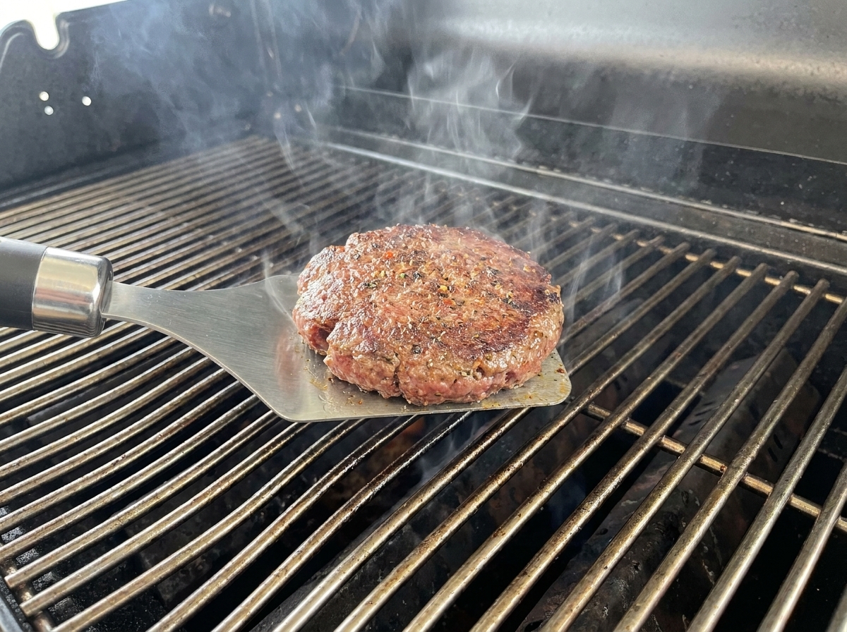 Una hamburguesa de res dorada siendo volteada en la parrilla.