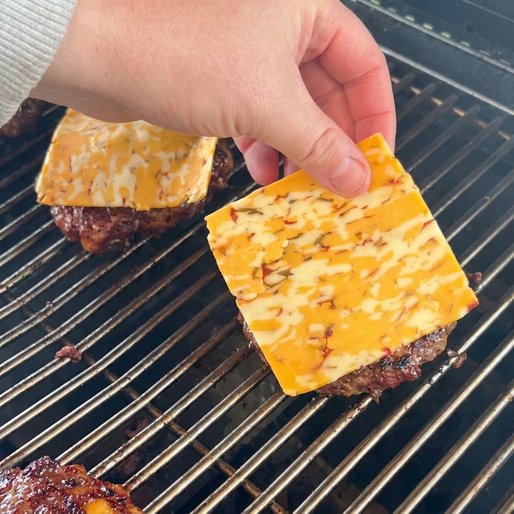 Una rebanada de queso cheddar marmoleado sobre una hamburguesa caliente.
