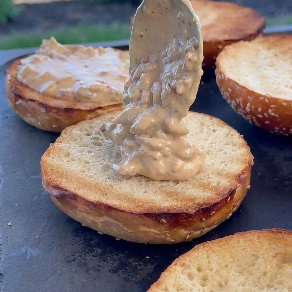 Salsa cremosa de tocino untada sobre un pan tostado.