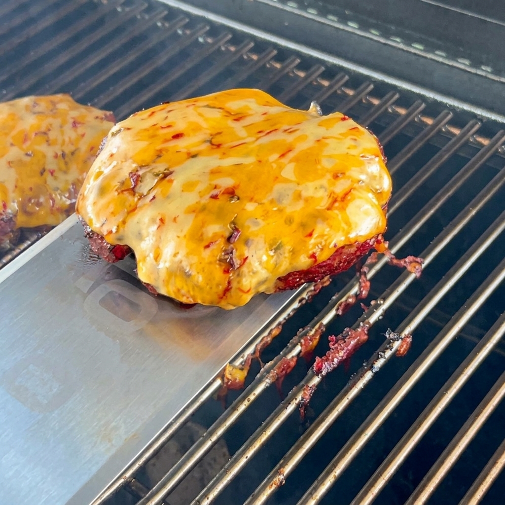 Una hamburguesa cocida con queso derretido siendo colocada sobre el pan.
