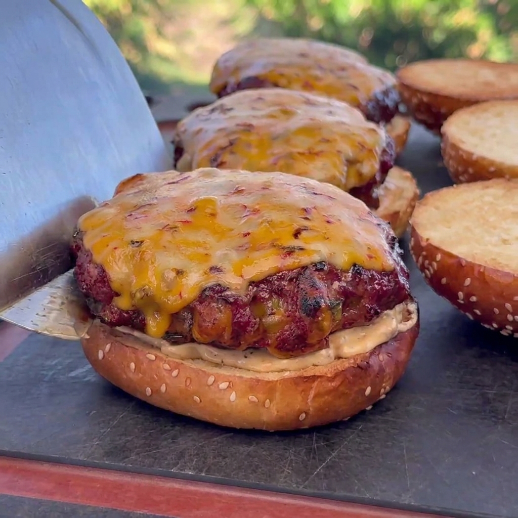 Una cucharada extra de salsa añadida sobre la hamburguesa con queso.