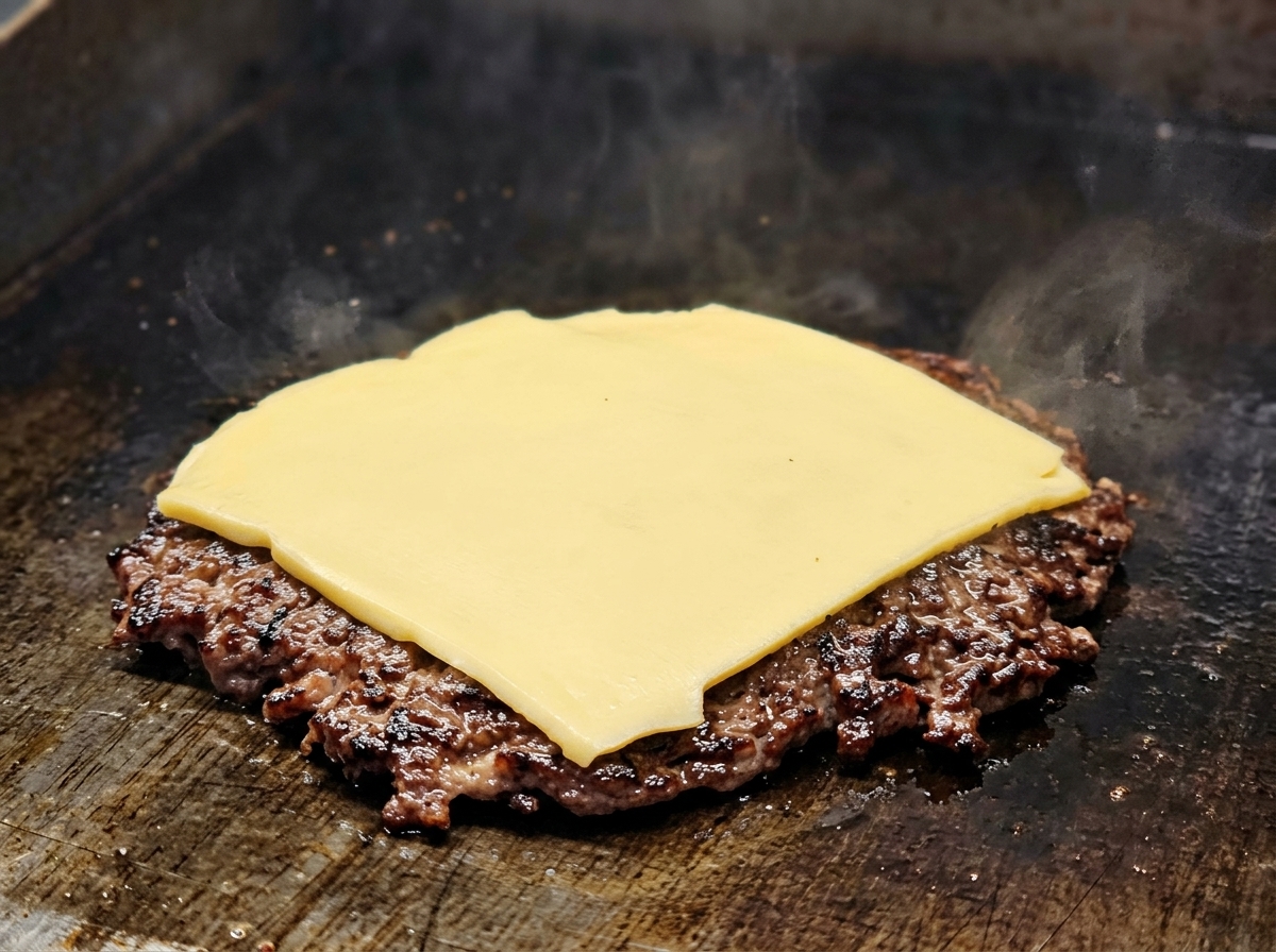 Una loncha de queso amarillo empezando a fundirse sobre un filete de carne crujiente y dorado.