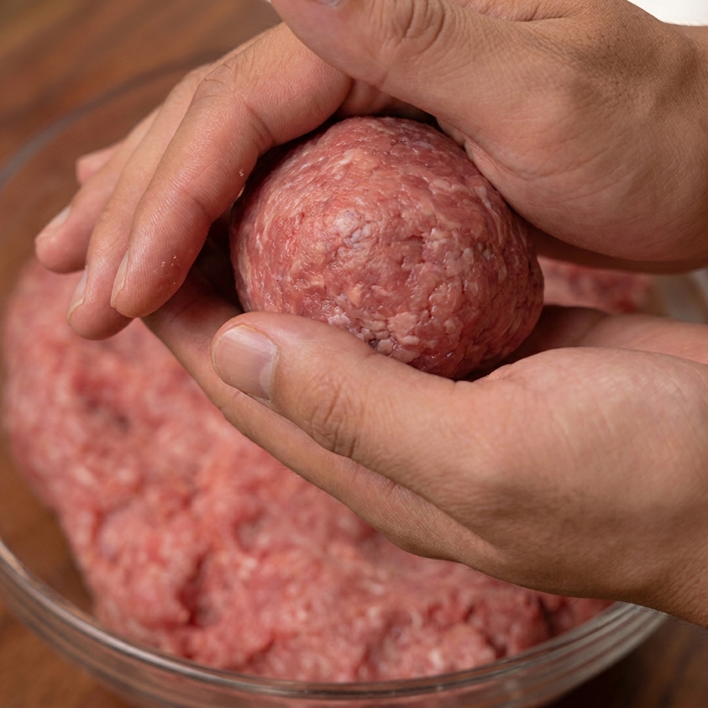 Espolvoreando condimentos sobre una hamburguesa cruda y aplanada.