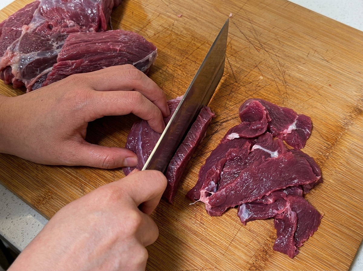 Manos usando un cuchillo para cortar carne cruda en tiras sobre una tabla de madera.