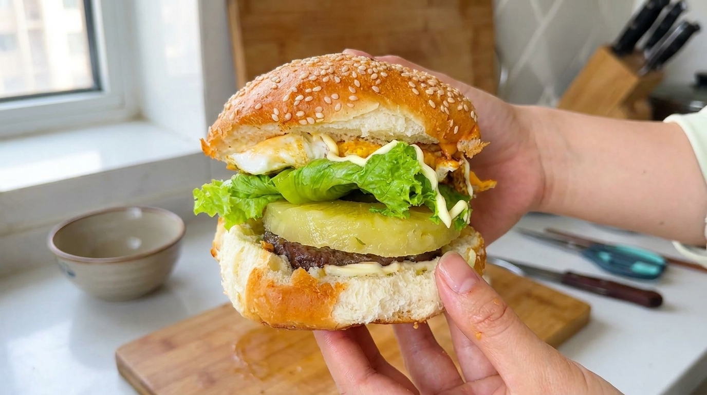 Una imponente hamburguesa casera con una jugosa carne, piña a la parrilla, lechuga fresca y un huevo frito con la yema líquida.