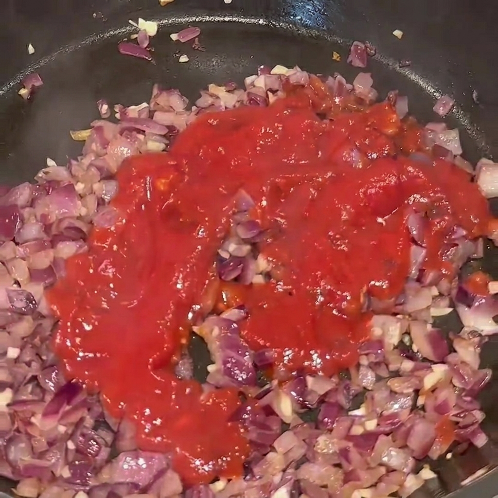 Puré de tomate vertiéndose en una sartén con cebollas y ajo cocinados.