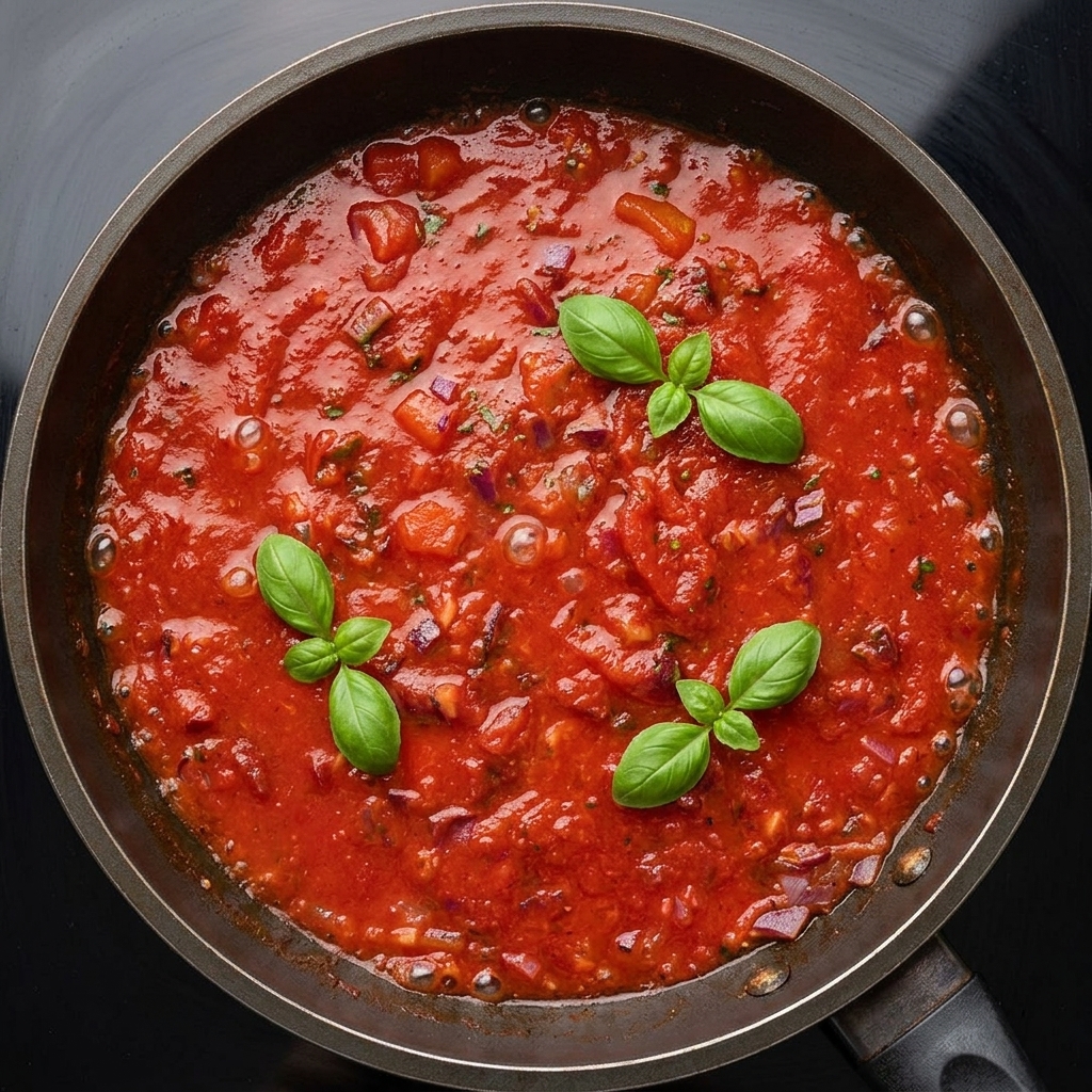 Azúcar y hierbas italianas secas espolvoreándose en una salsa de tomate a fuego lento.