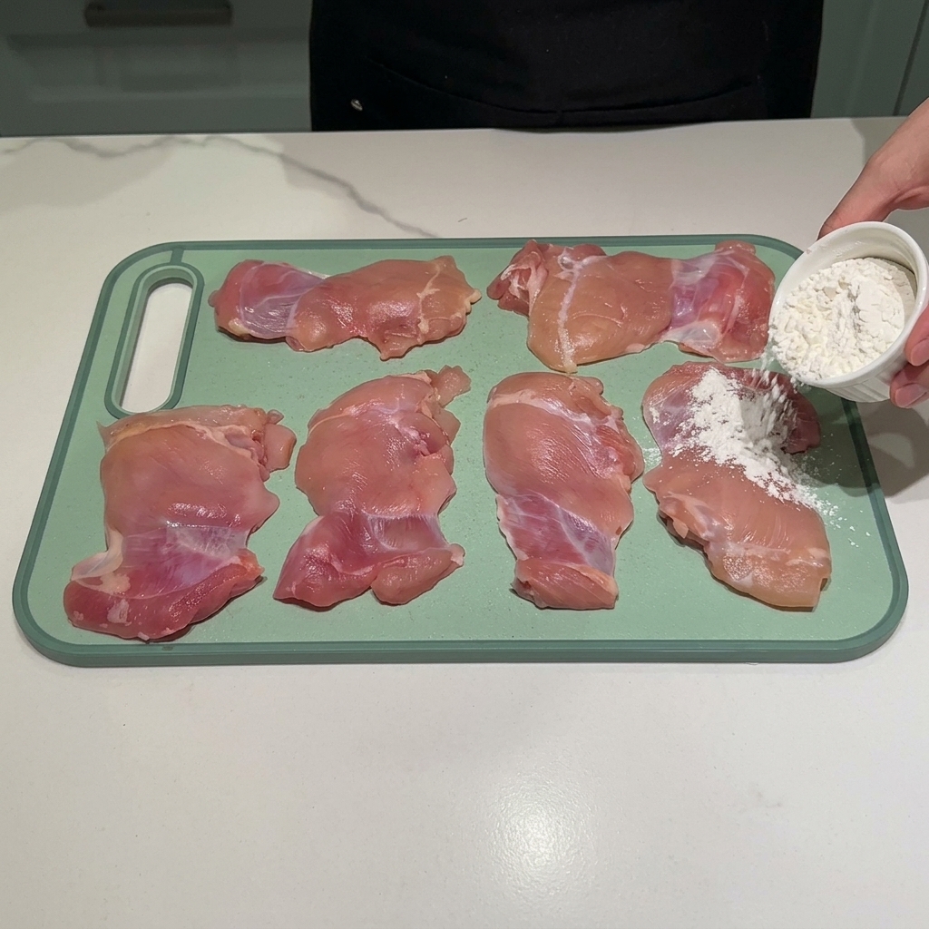 Pechugas o muslos de pollo cubiertos uniformemente con una fina capa de harina sobre una tabla de cortar.