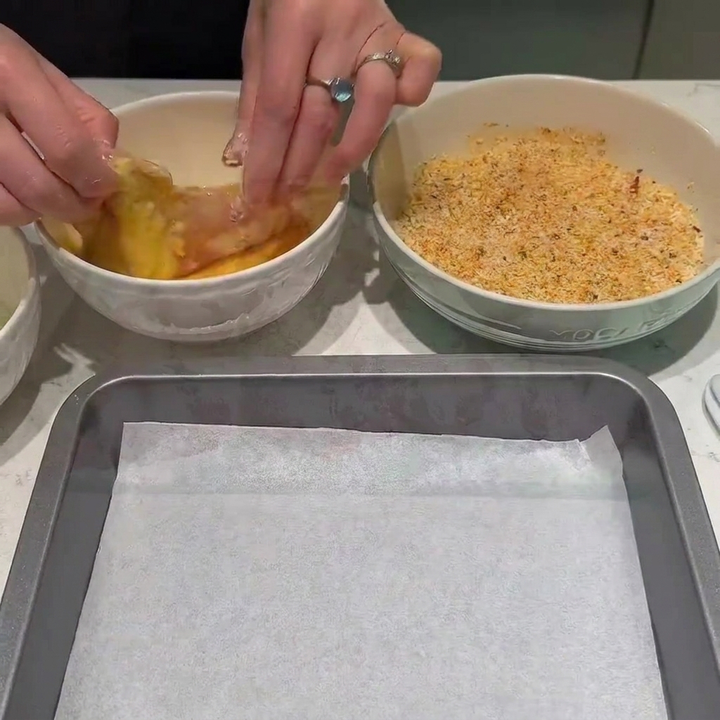 Piezas de pollo sumergiéndose en un cuenco de huevo batido y luego presionándose en un cuenco de pan rallado sazonado.
