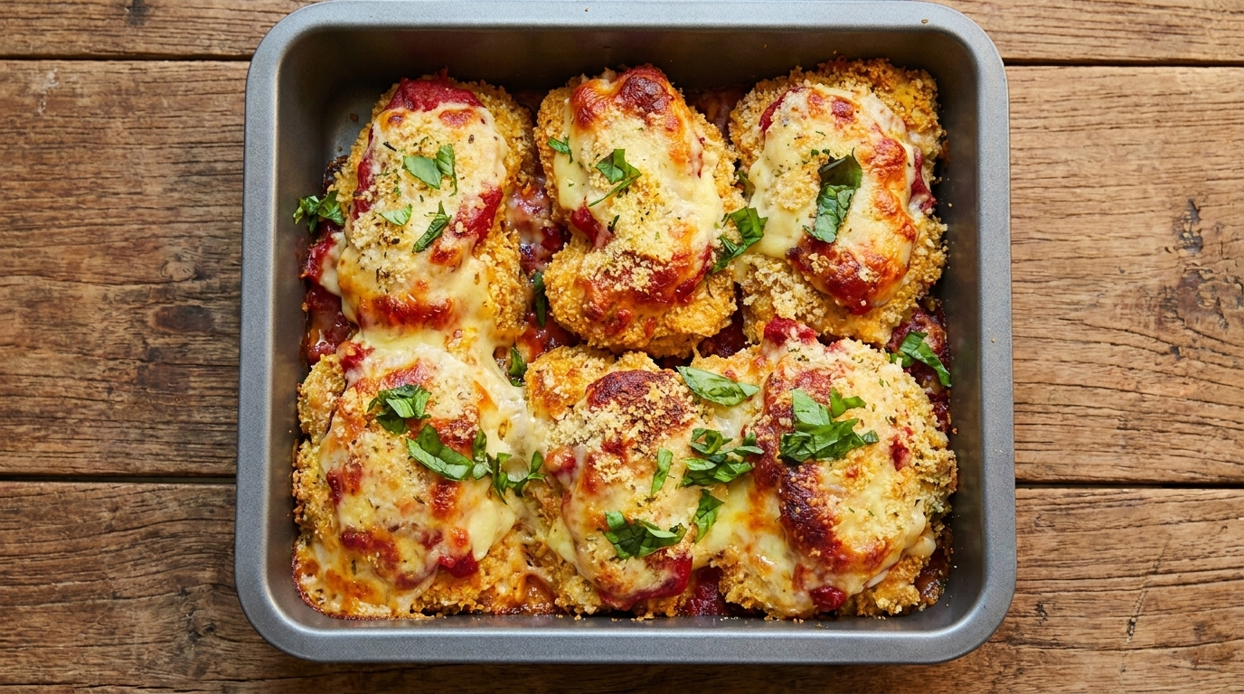 Pollo al parmesano empanizado y dorado, cubierto con queso fundido, salsa de tomate y albahaca fresca.