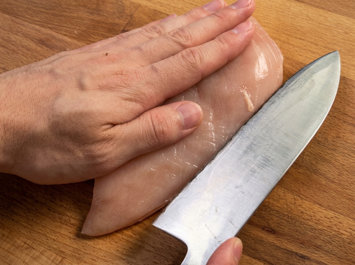 Una mano sosteniendo un cuchillo de chef listo para cortar una pechuga de pollo cruda horizontalmente sobre una tabla de madera.
