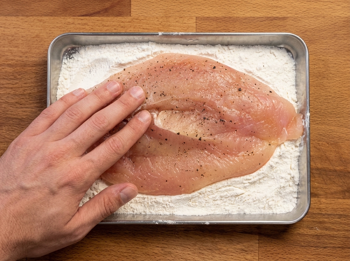 Una pechuga de pollo siendo presionada en una bandeja de harina sazonada.