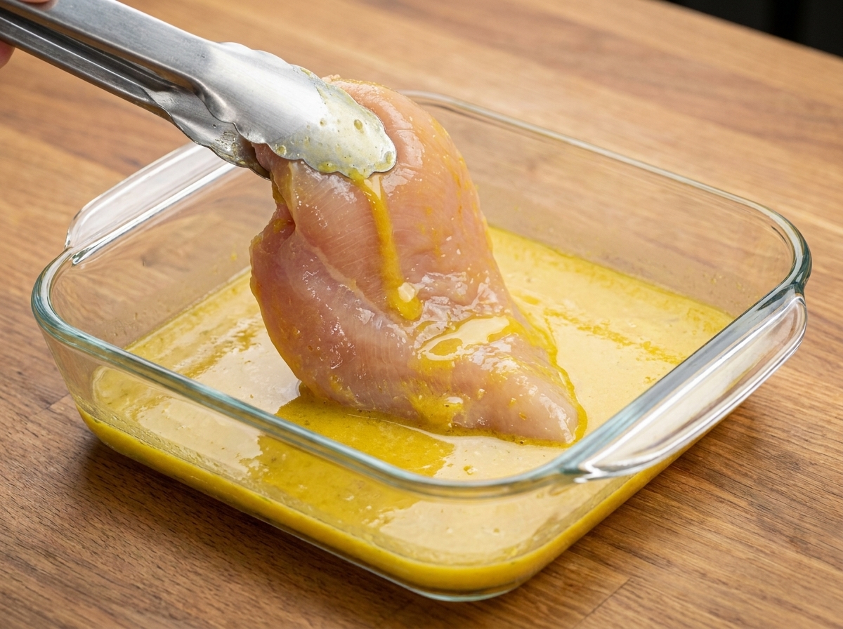 Una pechuga de pollo siendo levantada con pinzas de un plato de huevo batido.
