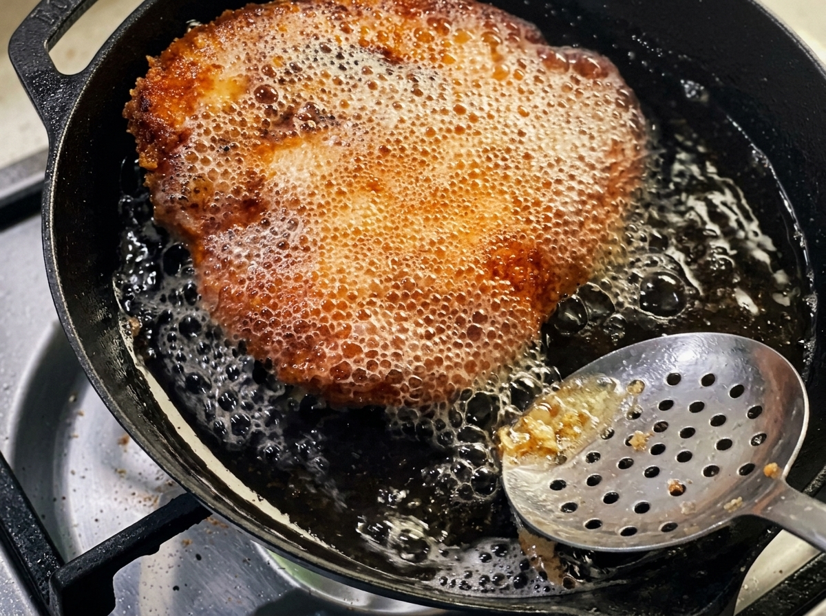Una cuchara vertiendo aceite caliente sobre el pollo dorado en la sartén.