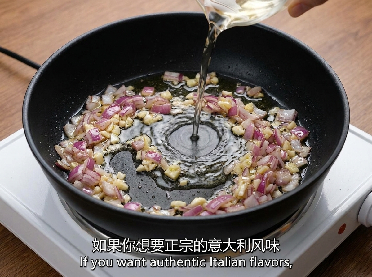 Caldo de pollo vertiéndose en una sartén con la base de ajo y cebolla.