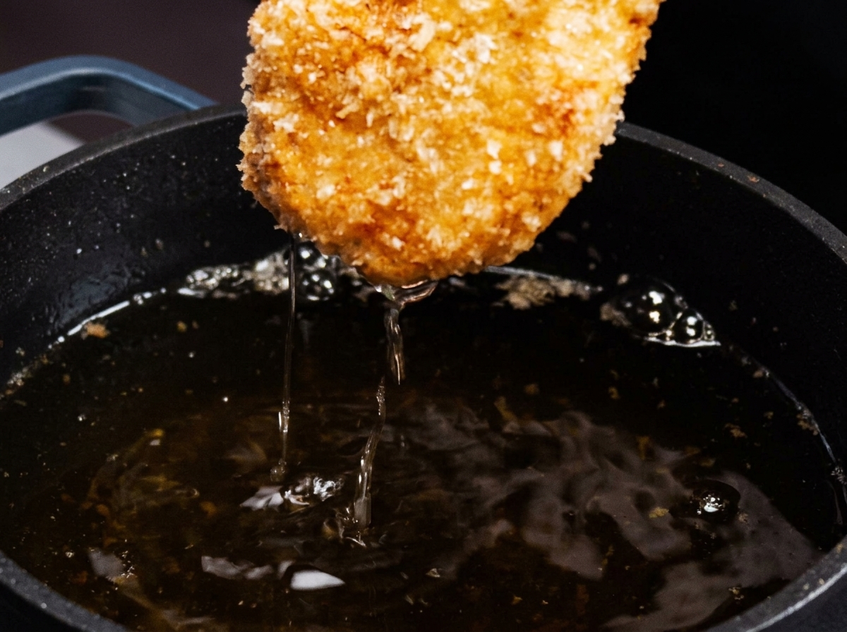 Filete de pollo empanizado friéndose en aceite hasta dorarse.