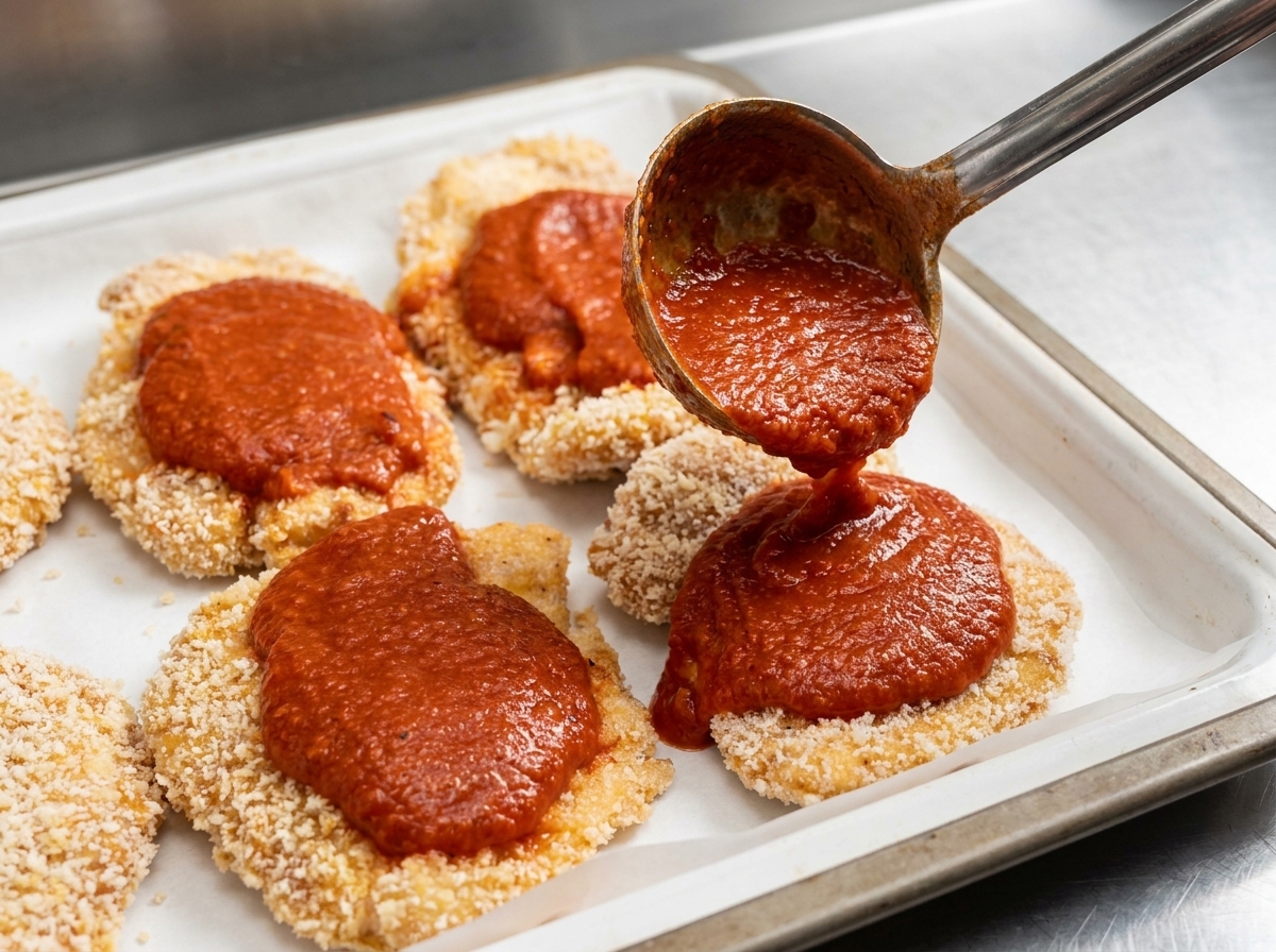 Salsa de tomate servida sobre las pechugas de pollo en una bandeja de horno.