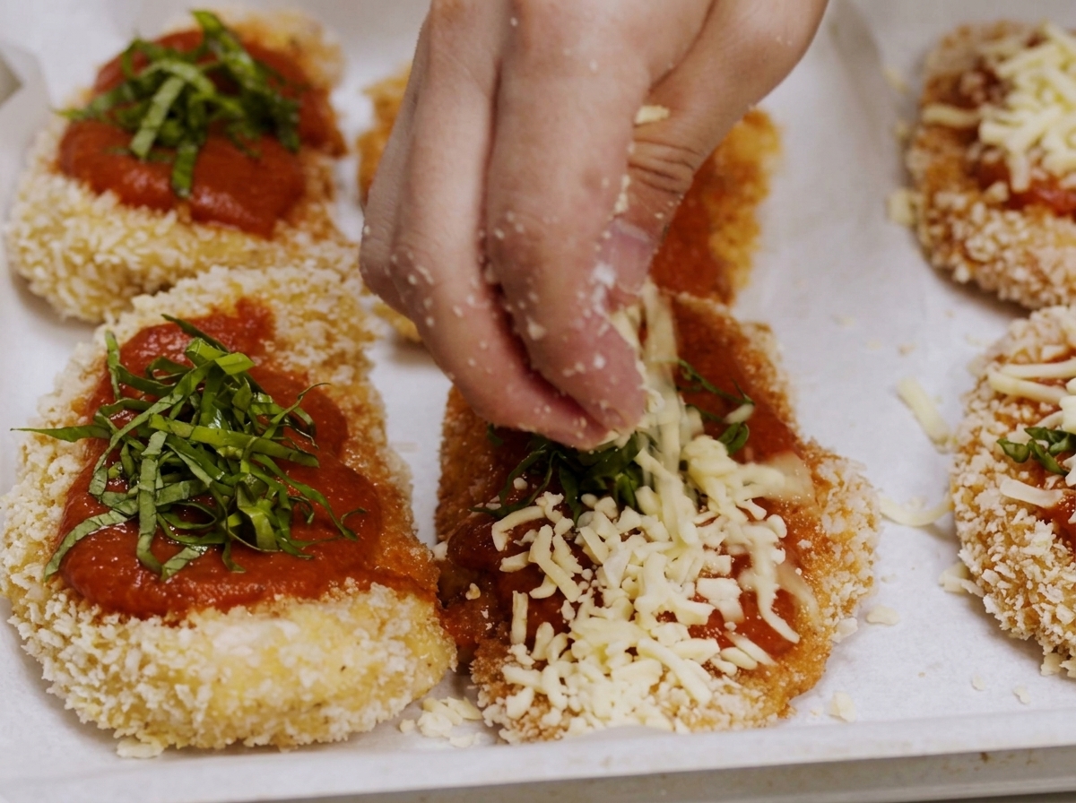 Esparciendo queso mozzarella y albahaca sobre el pollo con salsa.