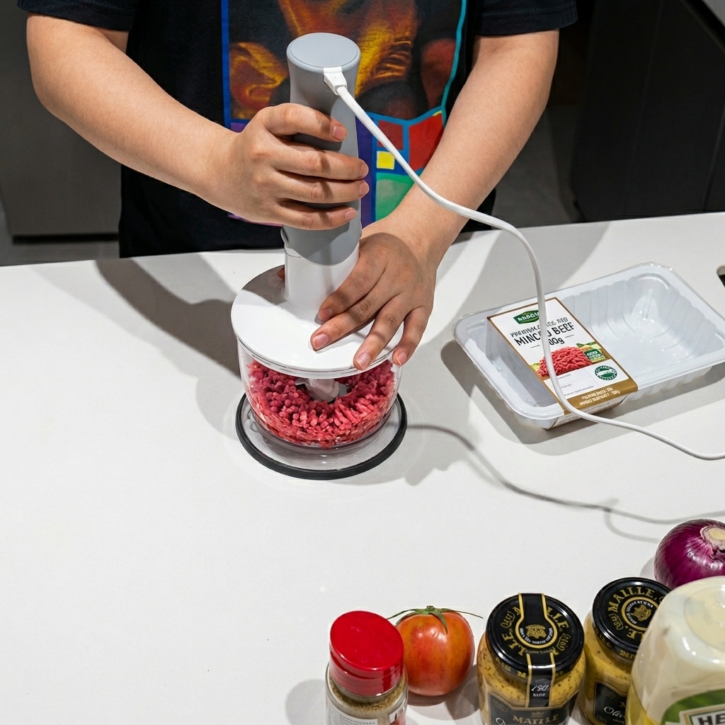 Primer plano de carne cruda fresca procesándose en una picadora eléctrica sobre una superficie de cocina limpia.
