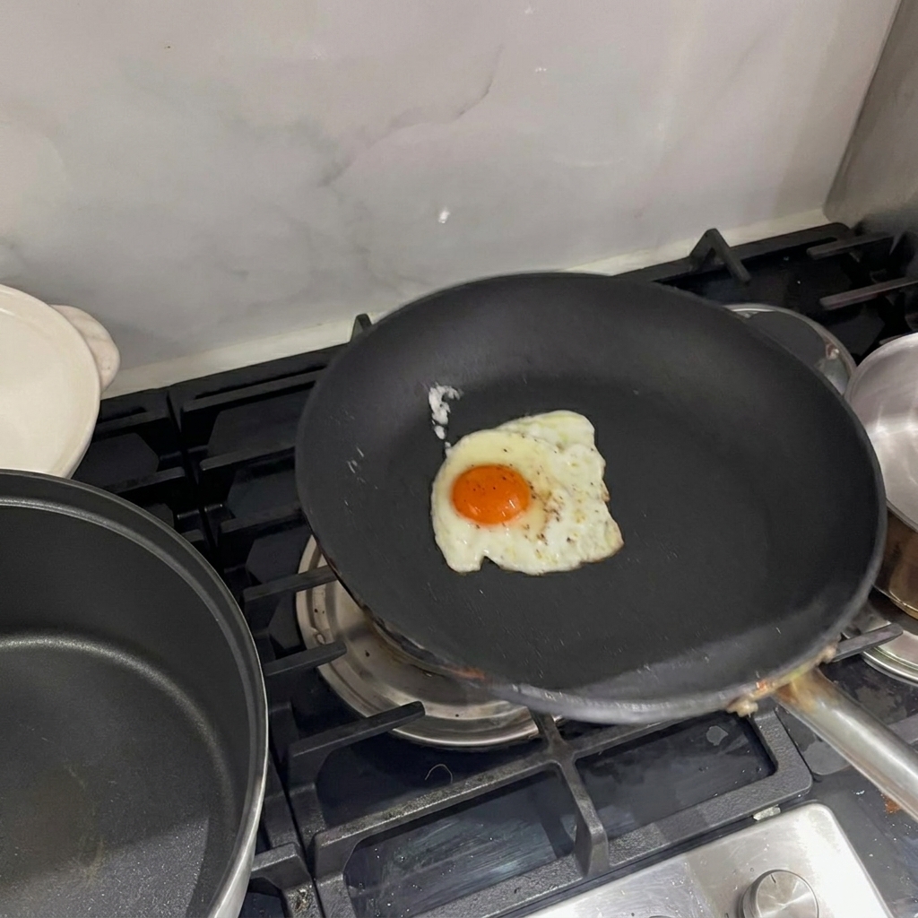 Un huevo frito tierno recién cocinado en una sartén.