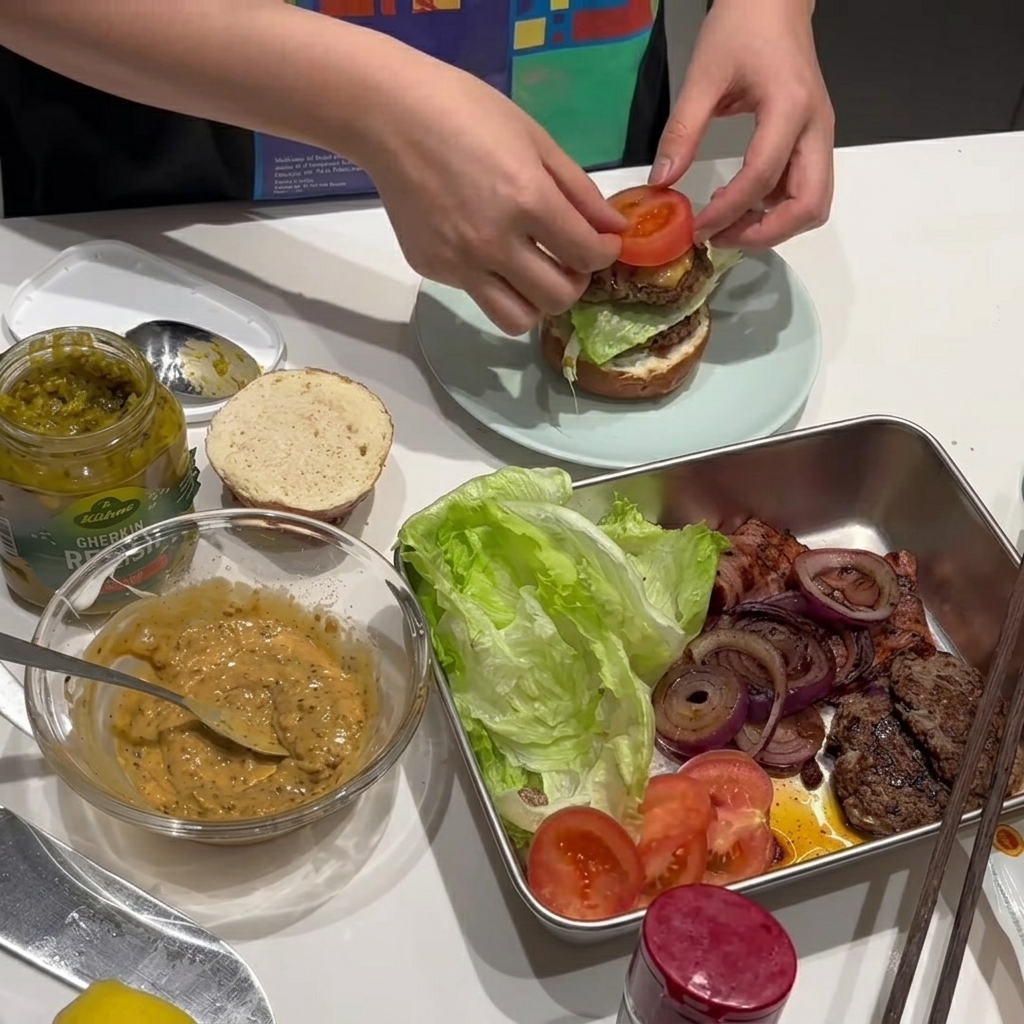 Una rodaja de tomate jugoso colocada sobre el armado de la hamburguesa.
