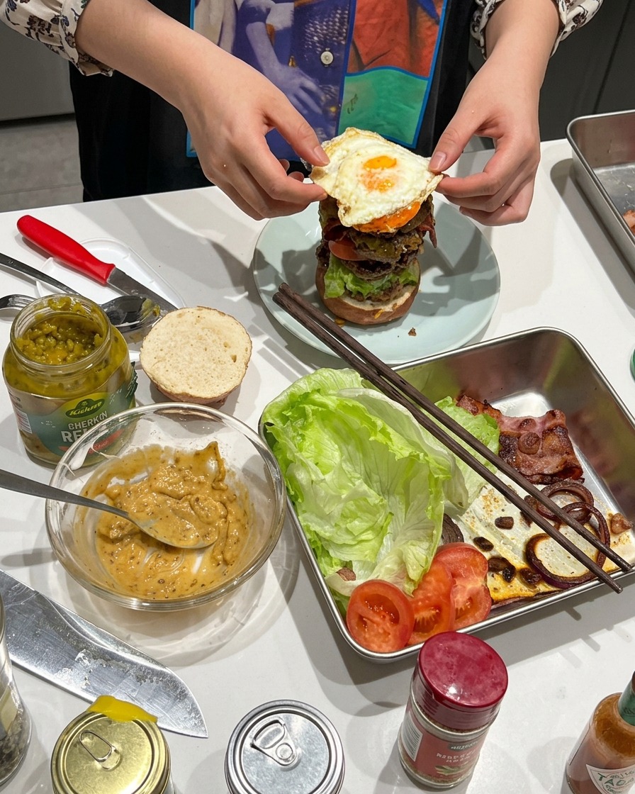 Un huevo frito tierno colocándose sobre la hamburguesa.