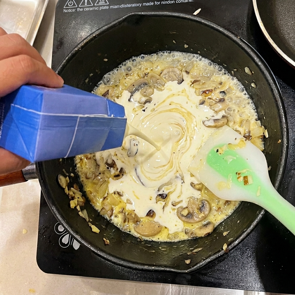 Nata para cocinar siendo vertida en una sartén con champiñones y cebollas salteadas.